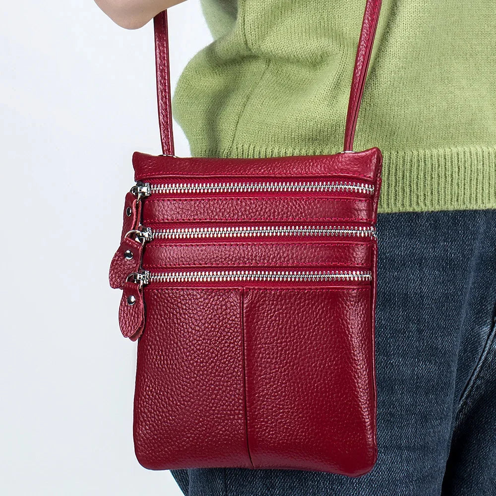 New Mobile Phone Soft Vertical Three-zipper Single Shoulder Crossbody Leather Fashion Women's Bag Trend