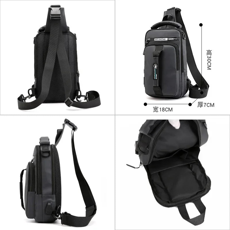 New Multifunction Crossbody Mens USBCharging ChestPack Waist bag Male Waterproof Short Trip Chest LargeCapacity Shoulder Bag