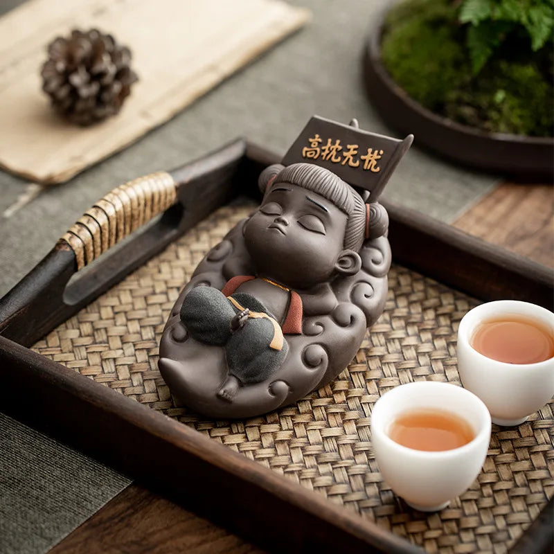 New Nezha decorative sculpture statue, purple sand mythical figure tea set decoration, cute ceramic home decoration craft gift