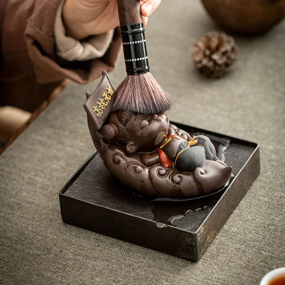 New Nezha decorative sculpture statue, purple sand mythical figure tea set decoration, cute ceramic home decoration craft gift