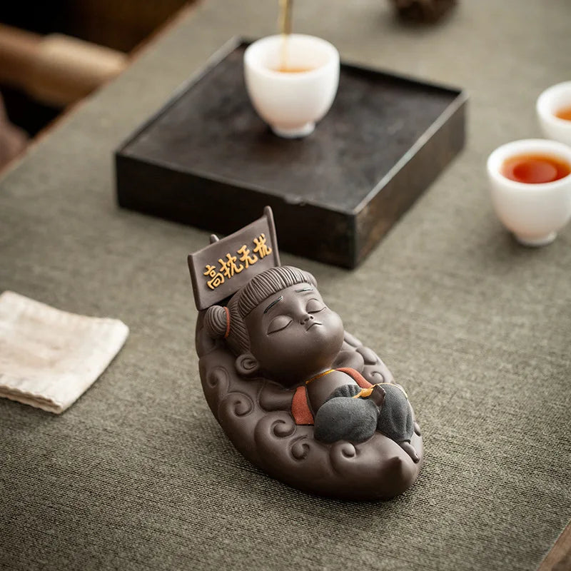 New Nezha decorative sculpture statue, purple sand mythical figure tea set decoration, cute ceramic home decoration craft gift