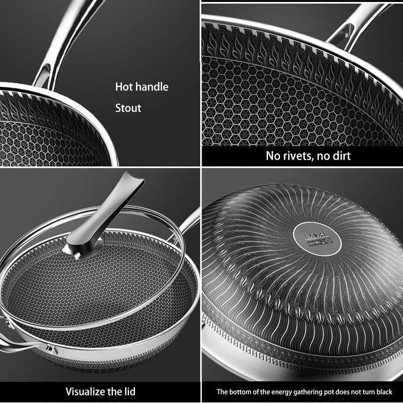 New Non-stick Frying Pans Double-Sided Screen Honeycomb Stainless Steel Wok Without Oil Smoke Frying Pan Wok PFOA-Free
