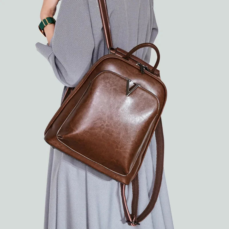 New Oil Wax Cowhide Women Rucksack Single Shoulder Bags Simple Fashion Knapsack Grils School Daypack Genuine Leather Backpack
