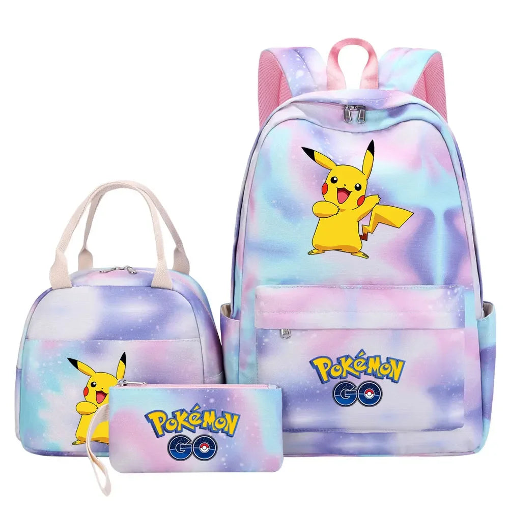 New Pikachu Charizard Girls Kids Pen Lunch Bags Bookbags 3 Pcs Women Teenagers Schoolbags Travel Laptop Rainbow Backpack