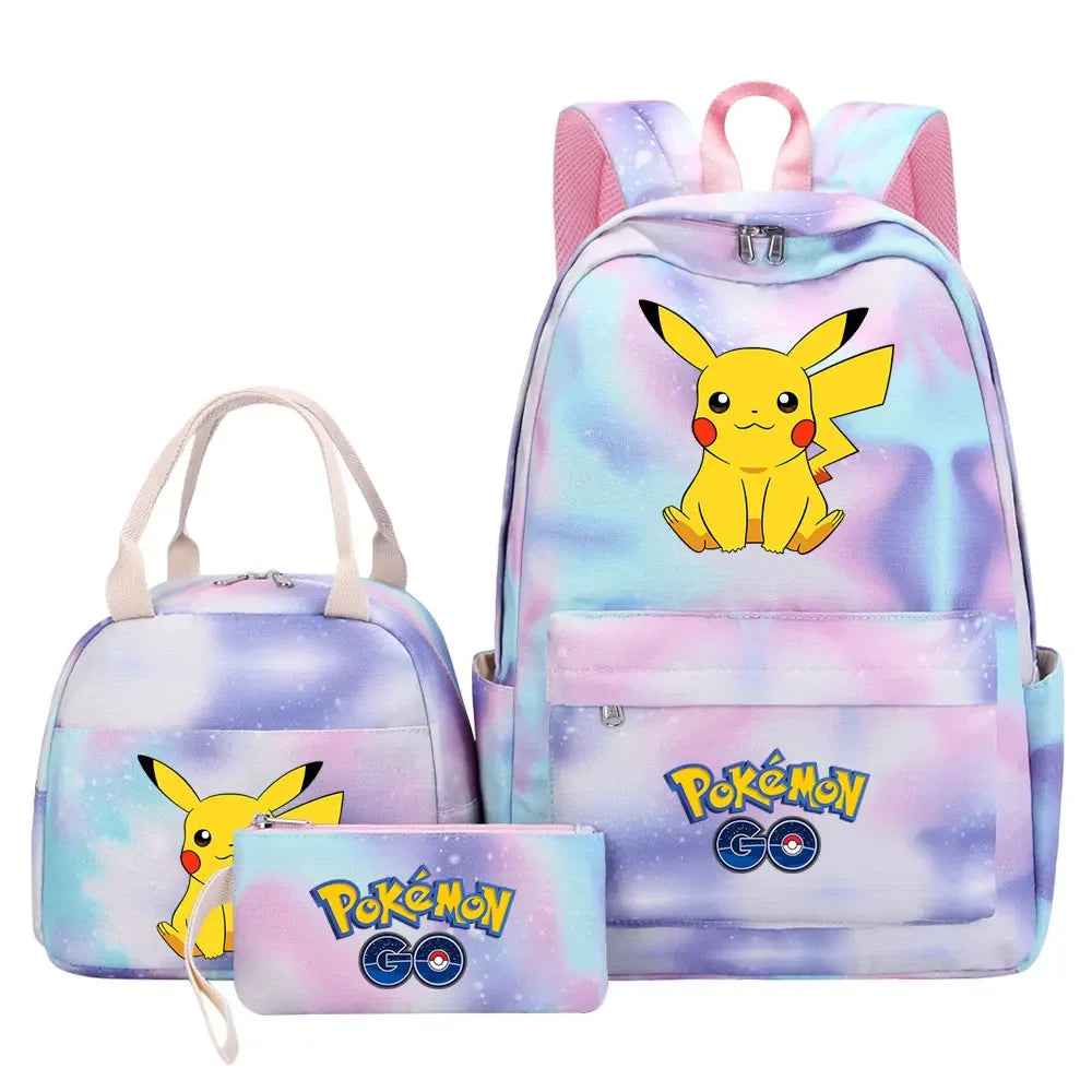 New Pikachu Charizard Girls Kids Pen Lunch Bags Bookbags 3 Pcs Women Teenagers Schoolbags Travel Laptop Rainbow Backpack