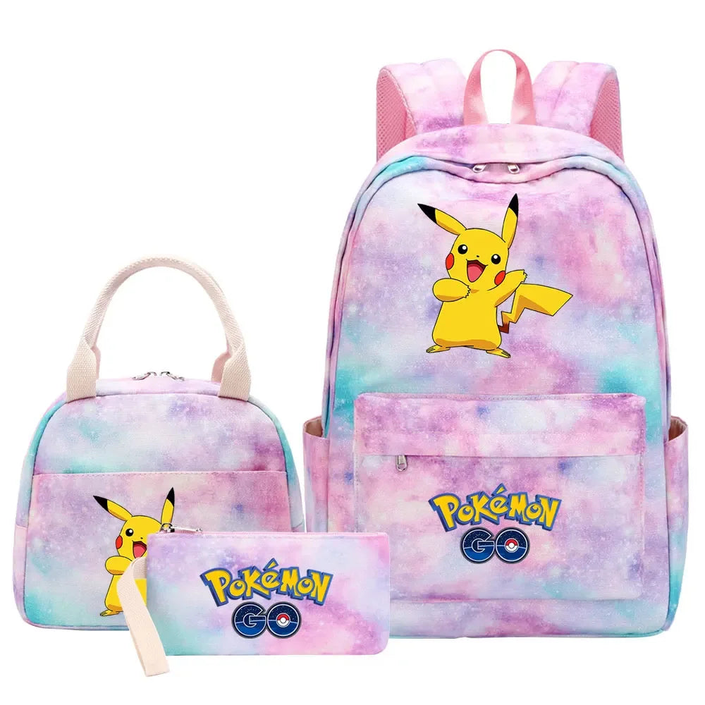 New Pikachu Charizard Girls Kids Pen Lunch Bags Bookbags 3 Pcs Women Teenagers Schoolbags Travel Laptop Rainbow Backpack