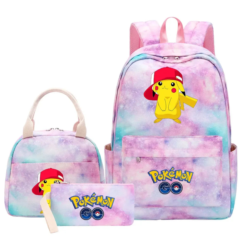 New Pikachu Charizard Girls Kids Pen Lunch Bags Bookbags 3 Pcs Women Teenagers Schoolbags Travel Laptop Rainbow Backpack