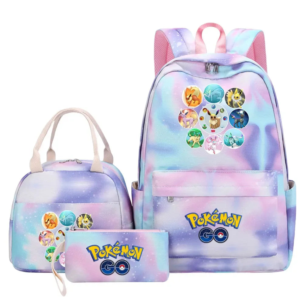 New Pikachu Charizard Girls Kids Pen Lunch Bags Bookbags 3 Pcs Women Teenagers Schoolbags Travel Laptop Rainbow Backpack