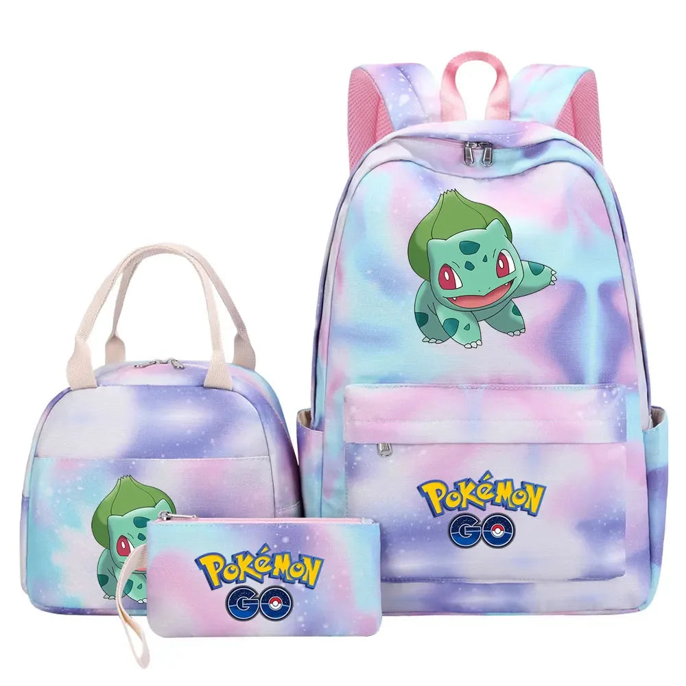 New Pikachu Charizard Girls Kids Pen Lunch Bags Bookbags 3 Pcs Women Teenagers Schoolbags Travel Laptop Rainbow Backpack
