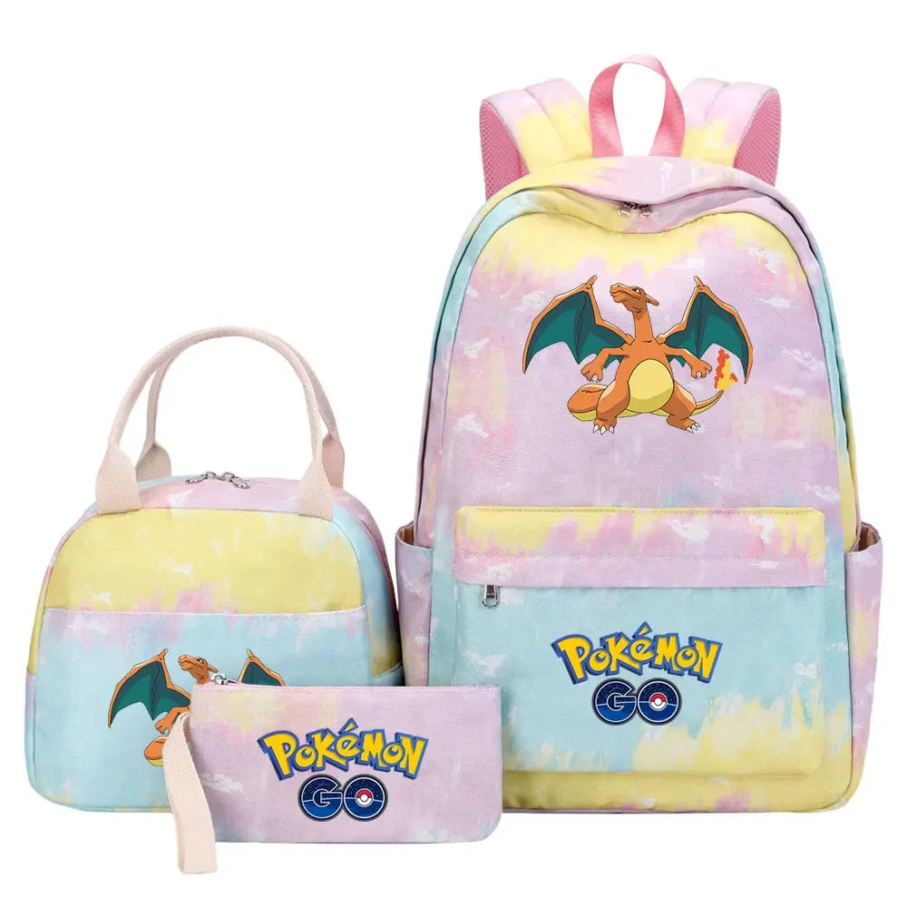 New Pikachu Charizard Girls Kids Pen Lunch Bags Bookbags 3 Pcs Women Teenagers Schoolbags Travel Laptop Rainbow Backpack