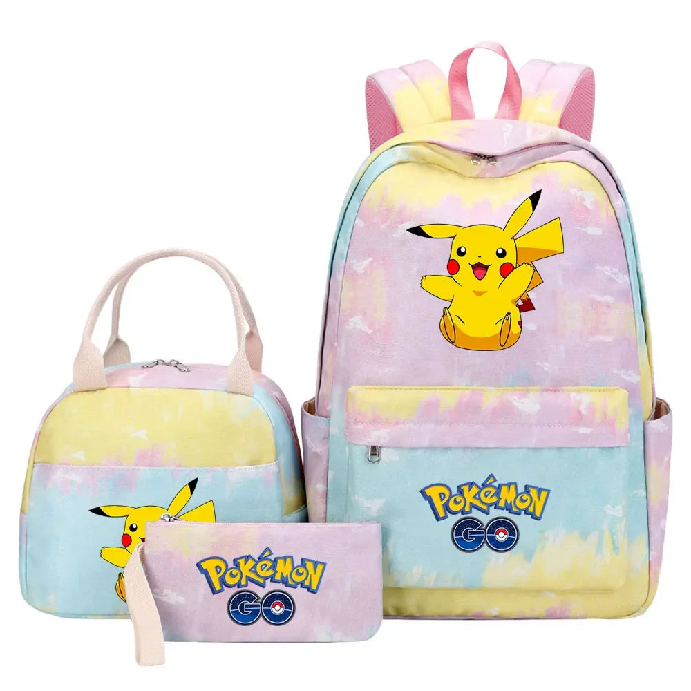 New Pikachu Charizard Girls Kids Pen Lunch Bags Bookbags 3 Pcs Women Teenagers Schoolbags Travel Laptop Rainbow Backpack