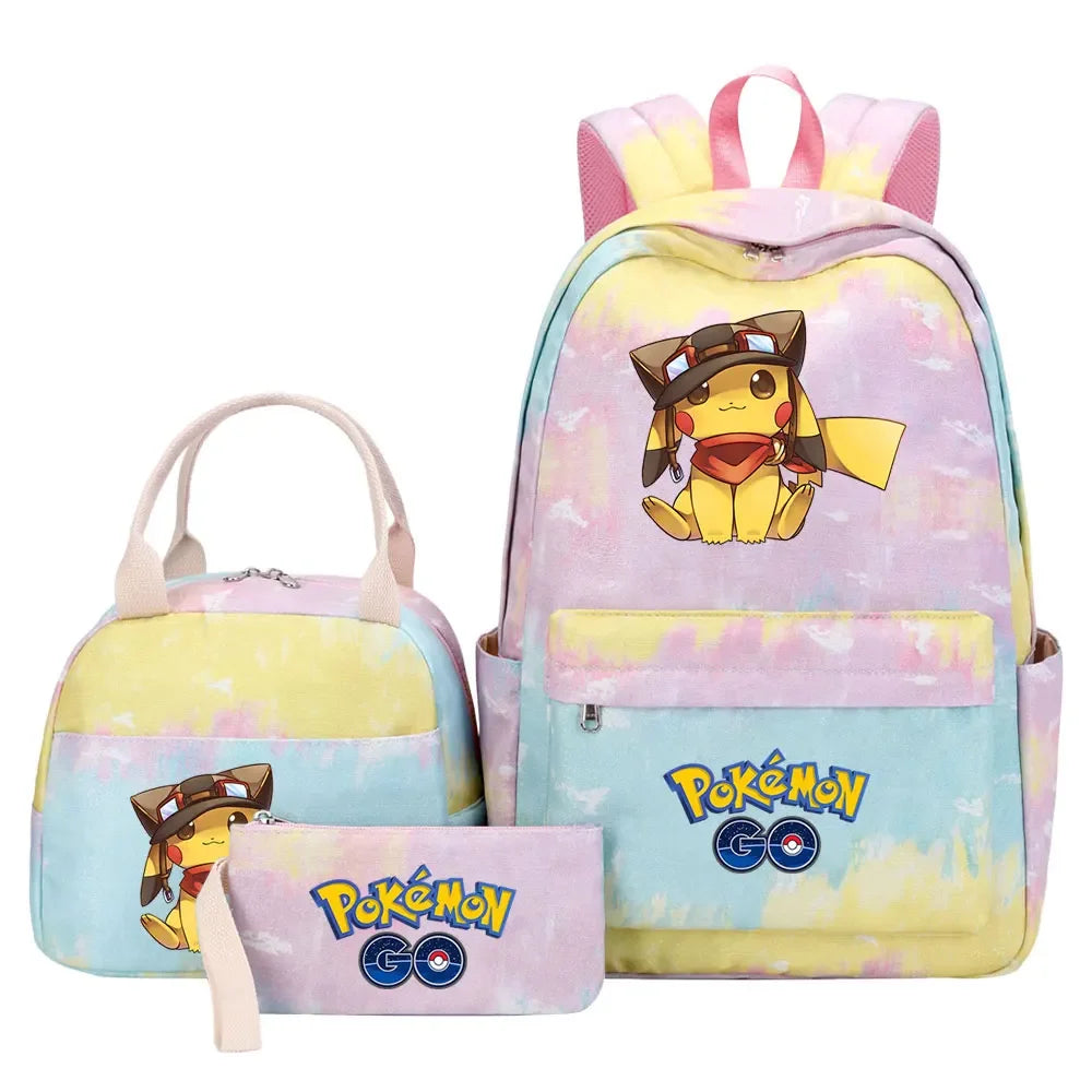 New Pikachu Charizard Girls Kids Pen Lunch Bags Bookbags 3 Pcs Women Teenagers Schoolbags Travel Laptop Rainbow Backpack