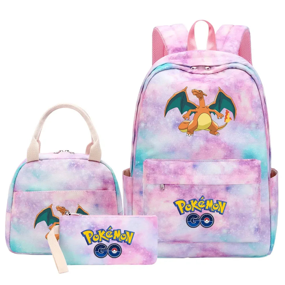 New Pikachu Charizard Girls Kids Pen Lunch Bags Bookbags 3 Pcs Women Teenagers Schoolbags Travel Laptop Rainbow Backpack