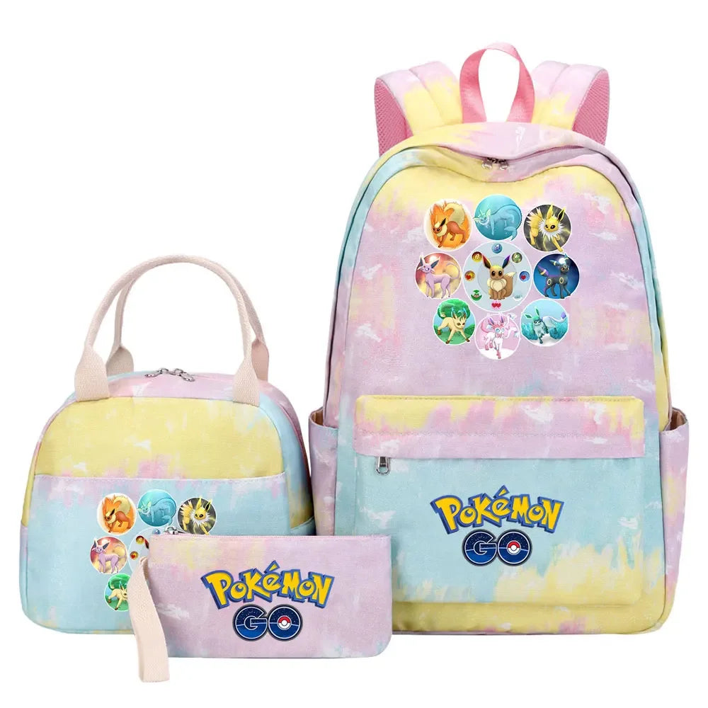 New Pikachu Charizard Girls Kids Pen Lunch Bags Bookbags 3 Pcs Women Teenagers Schoolbags Travel Laptop Rainbow Backpack