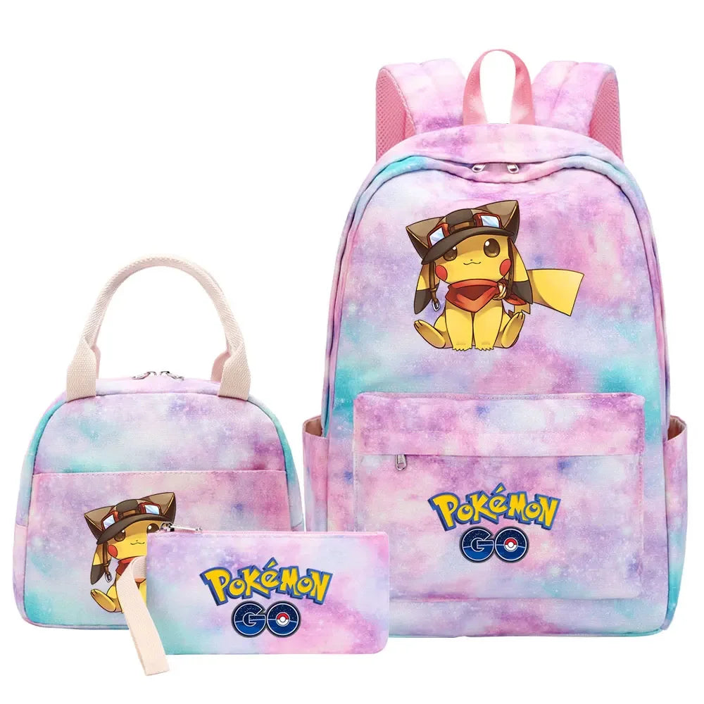 New Pikachu Charizard Girls Kids Pen Lunch Bags Bookbags 3 Pcs Women Teenagers Schoolbags Travel Laptop Rainbow Backpack