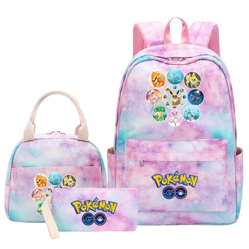 New Pikachu Charizard Girls Kids Pen Lunch Bags Bookbags 3 Pcs Women Teenagers Schoolbags Travel Laptop Rainbow Backpack