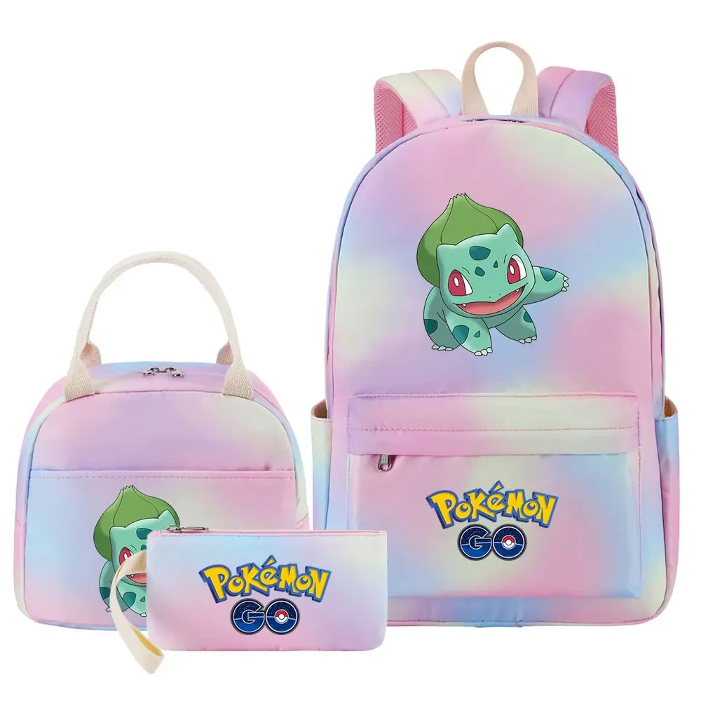 New Pikachu Charizard Girls Kids Pen Lunch Bags Bookbags 3 Pcs Women Teenagers Schoolbags Travel Laptop Rainbow Backpack