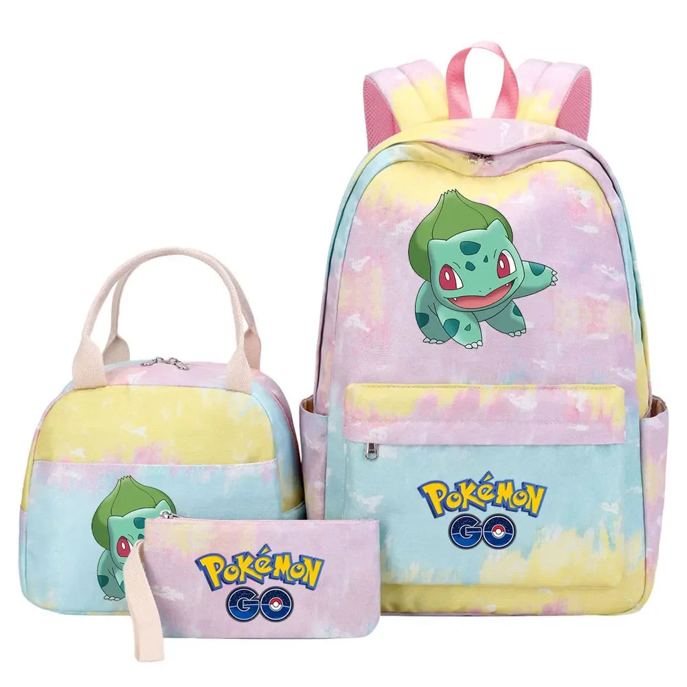 New Pikachu Charizard Girls Kids Pen Lunch Bags Bookbags 3 Pcs Women Teenagers Schoolbags Travel Laptop Rainbow Backpack
