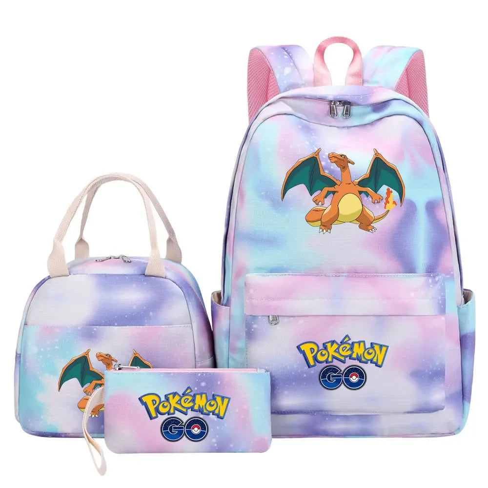 New Pikachu Charizard Girls Kids Pen Lunch Bags Bookbags 3 Pcs Women Teenagers Schoolbags Travel Laptop Rainbow Backpack