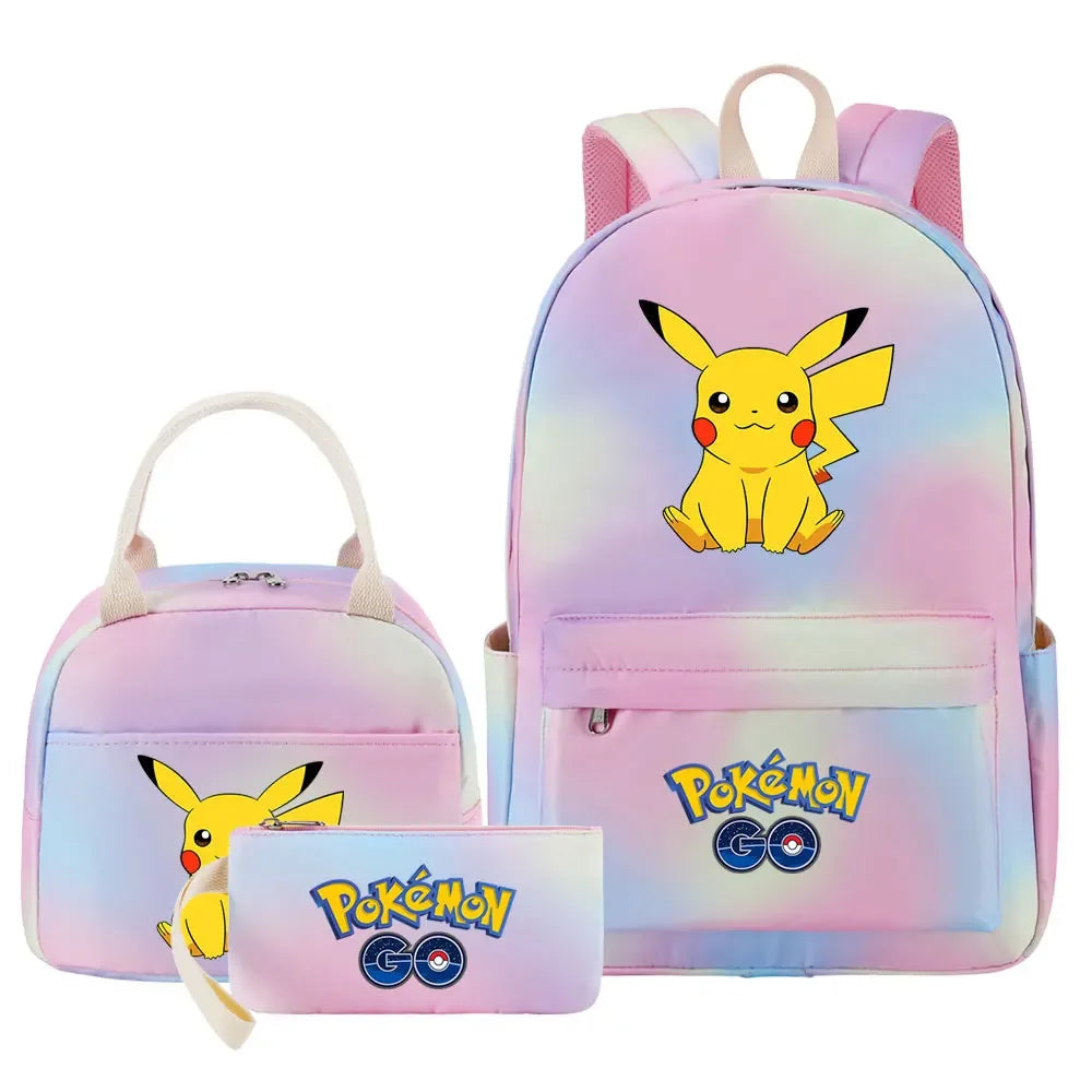 New Pikachu Charizard Girls Kids Pen Lunch Bags Bookbags 3 Pcs Women Teenagers Schoolbags Travel Laptop Rainbow Backpack