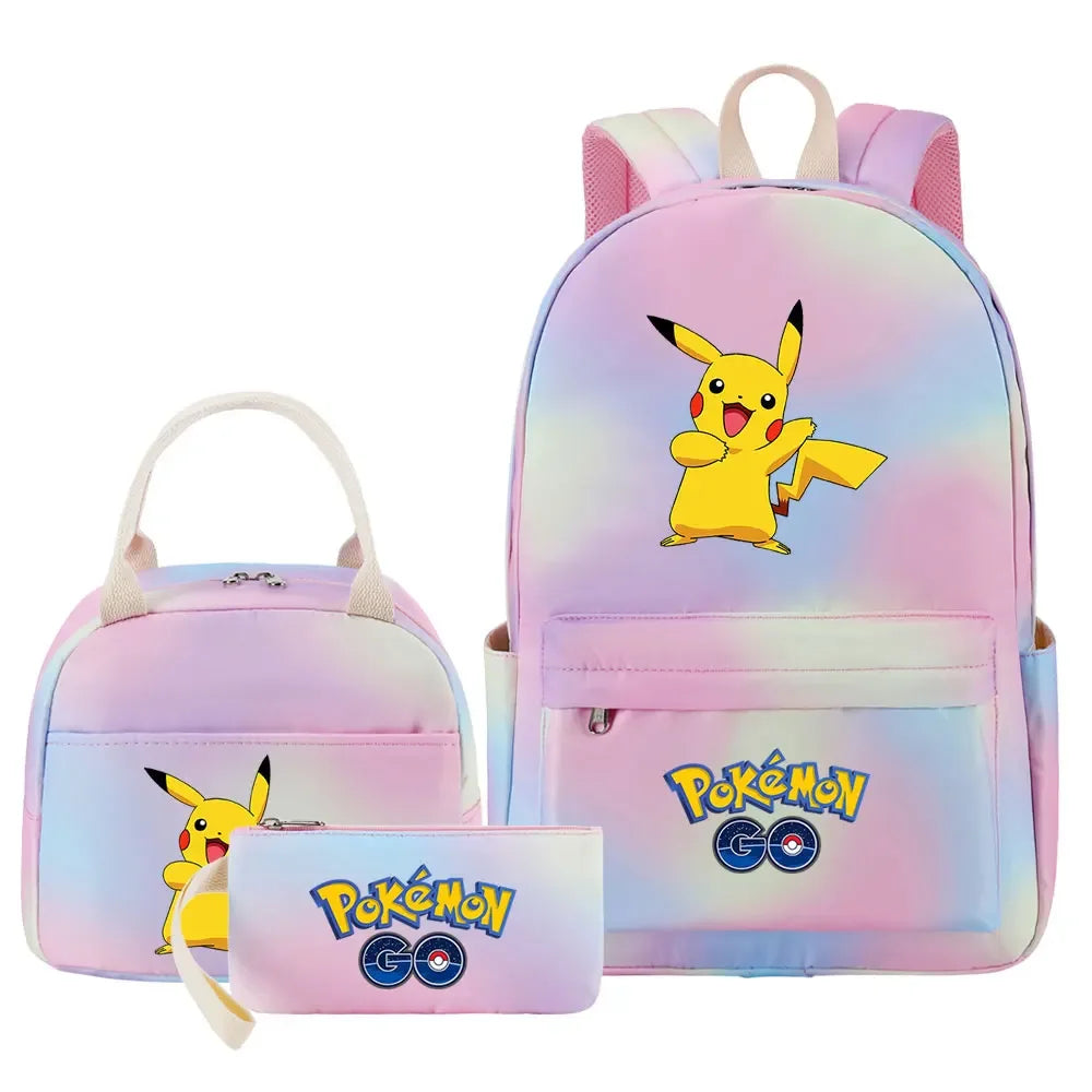 New Pikachu Charizard Girls Kids Pen Lunch Bags Bookbags 3 Pcs Women Teenagers Schoolbags Travel Laptop Rainbow Backpack