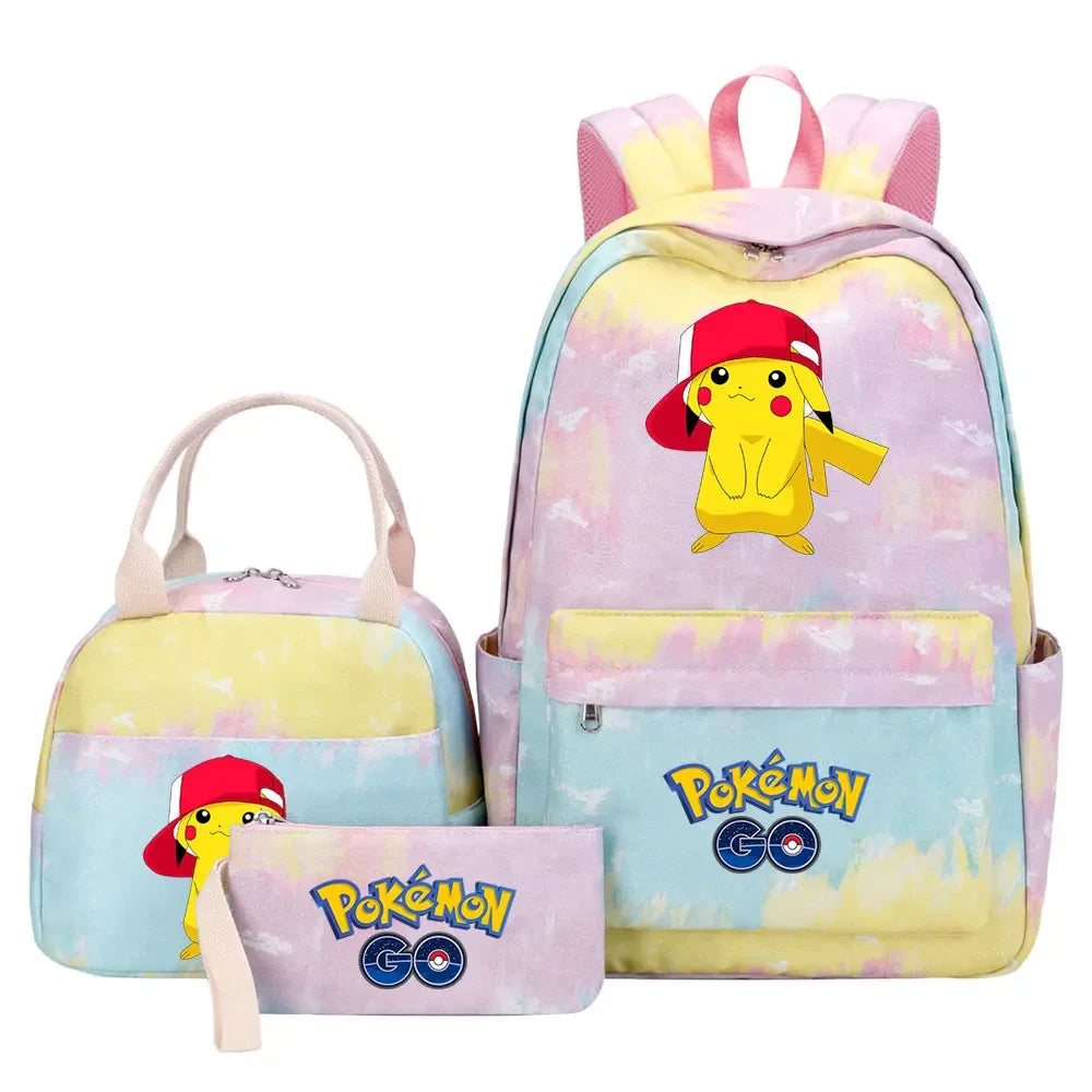 New Pikachu Charizard Girls Kids Pen Lunch Bags Bookbags 3 Pcs Women Teenagers Schoolbags Travel Laptop Rainbow Backpack