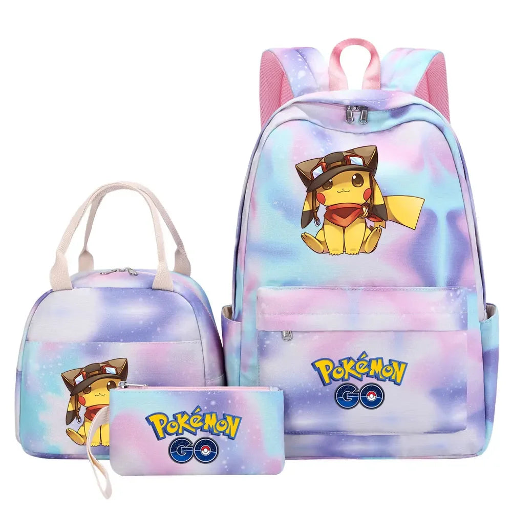 New Pikachu Charizard Girls Kids Pen Lunch Bags Bookbags 3 Pcs Women Teenagers Schoolbags Travel Laptop Rainbow Backpack
