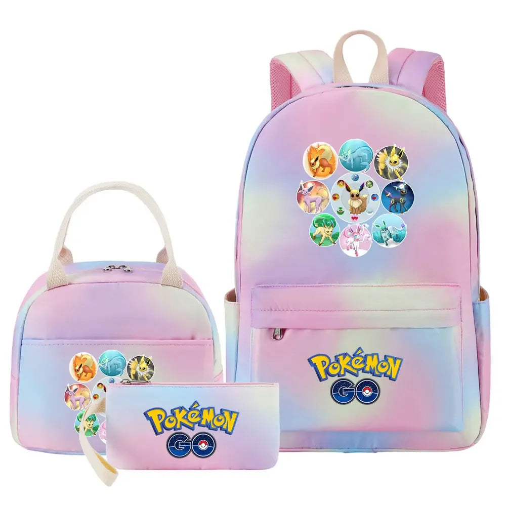 New Pikachu Charizard Girls Kids Pen Lunch Bags Bookbags 3 Pcs Women Teenagers Schoolbags Travel Laptop Rainbow Backpack
