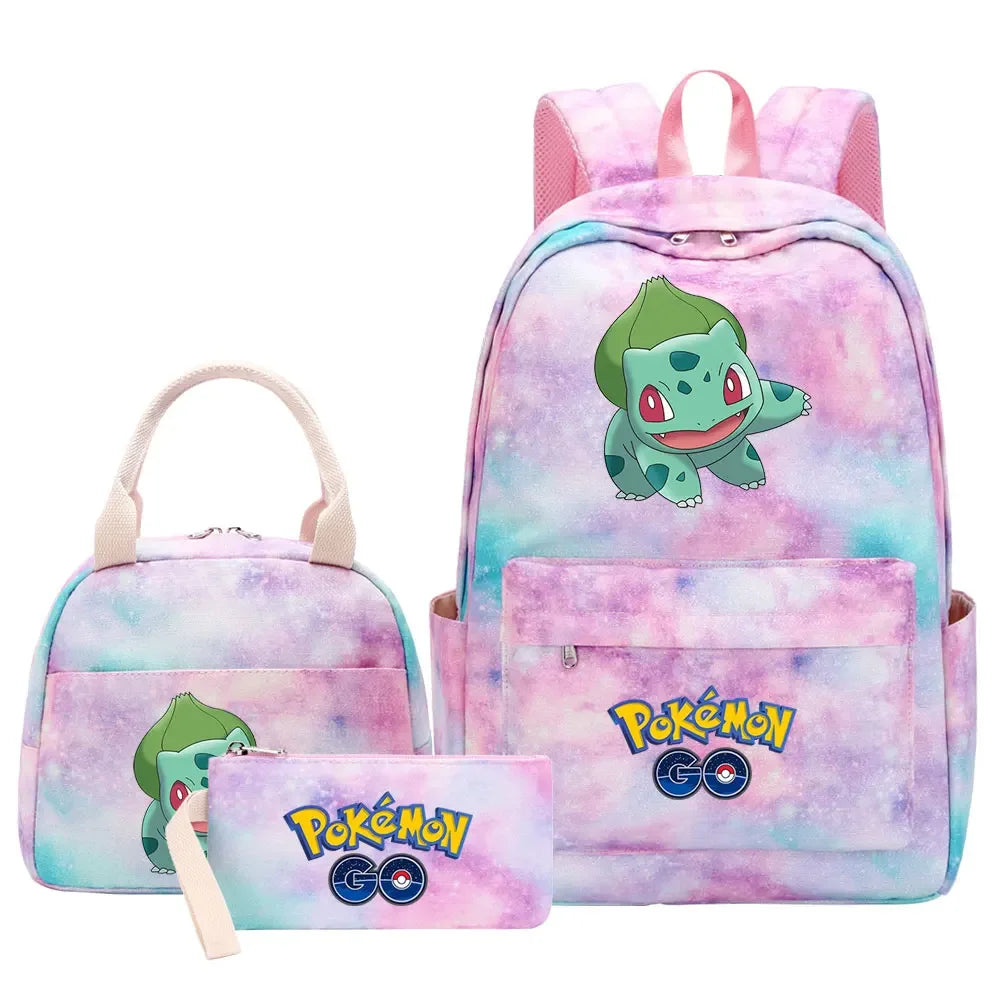 New Pikachu Charizard Girls Kids Pen Lunch Bags Bookbags 3 Pcs Women Teenagers Schoolbags Travel Laptop Rainbow Backpack