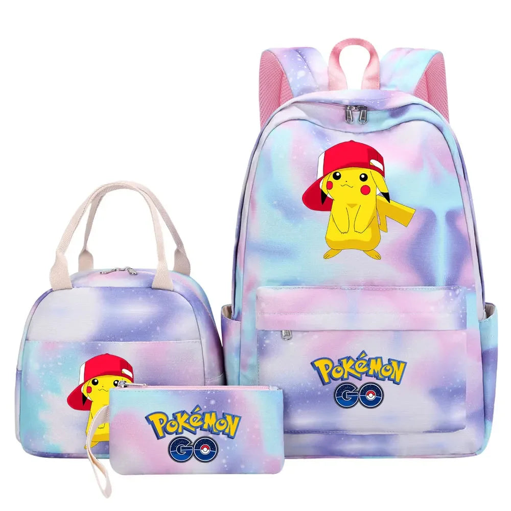 New Pikachu Charizard Girls Kids Pen Lunch Bags Bookbags 3 Pcs Women Teenagers Schoolbags Travel Laptop Rainbow Backpack