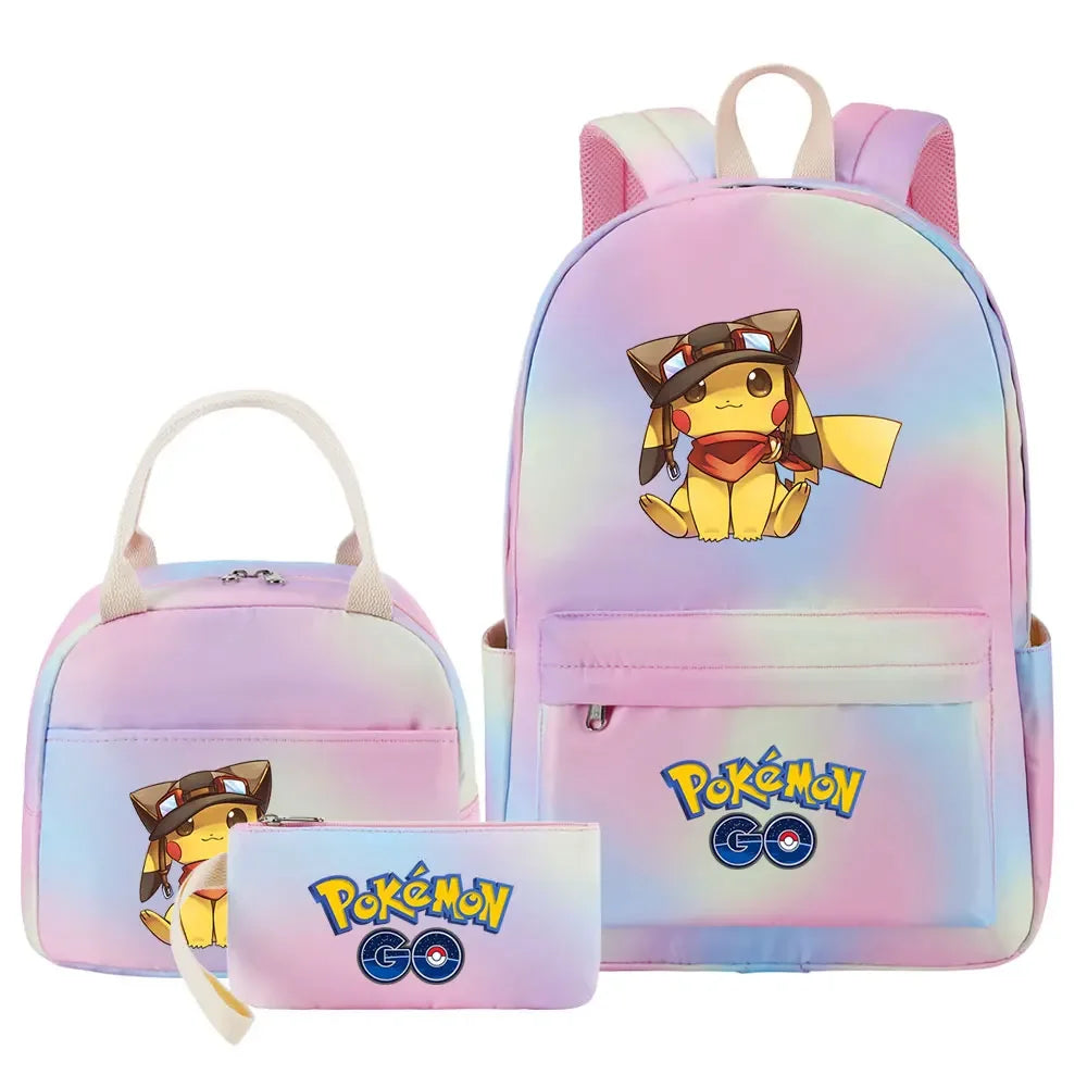 New Pikachu Charizard Girls Kids Pen Lunch Bags Bookbags 3 Pcs Women Teenagers Schoolbags Travel Laptop Rainbow Backpack