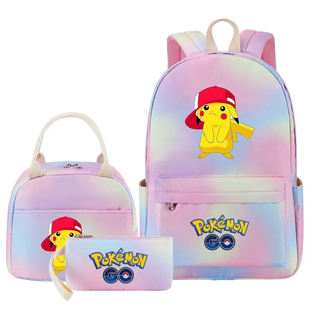 New Pikachu Charizard Girls Kids Pen Lunch Bags Bookbags 3 Pcs Women Teenagers Schoolbags Travel Laptop Rainbow Backpack