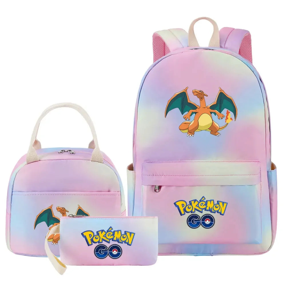 New Pikachu Charizard Girls Kids Pen Lunch Bags Bookbags 3 Pcs Women Teenagers Schoolbags Travel Laptop Rainbow Backpack