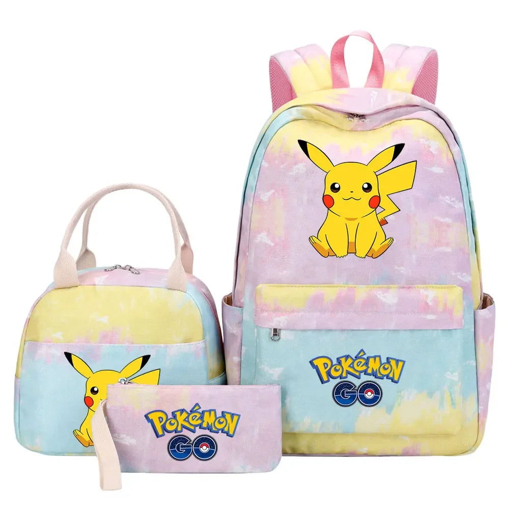 New Pikachu Charizard Girls Kids Pen Lunch Bags Bookbags 3 Pcs Women Teenagers Schoolbags Travel Laptop Rainbow Backpack
