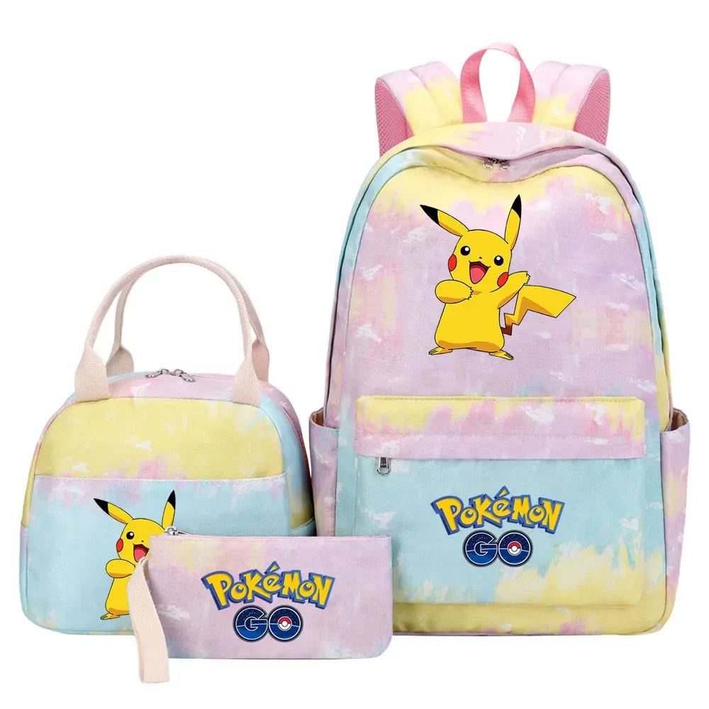 New Pikachu Charizard Girls Kids Pen Lunch Bags Bookbags 3 Pcs Women Teenagers Schoolbags Travel Laptop Rainbow Backpack