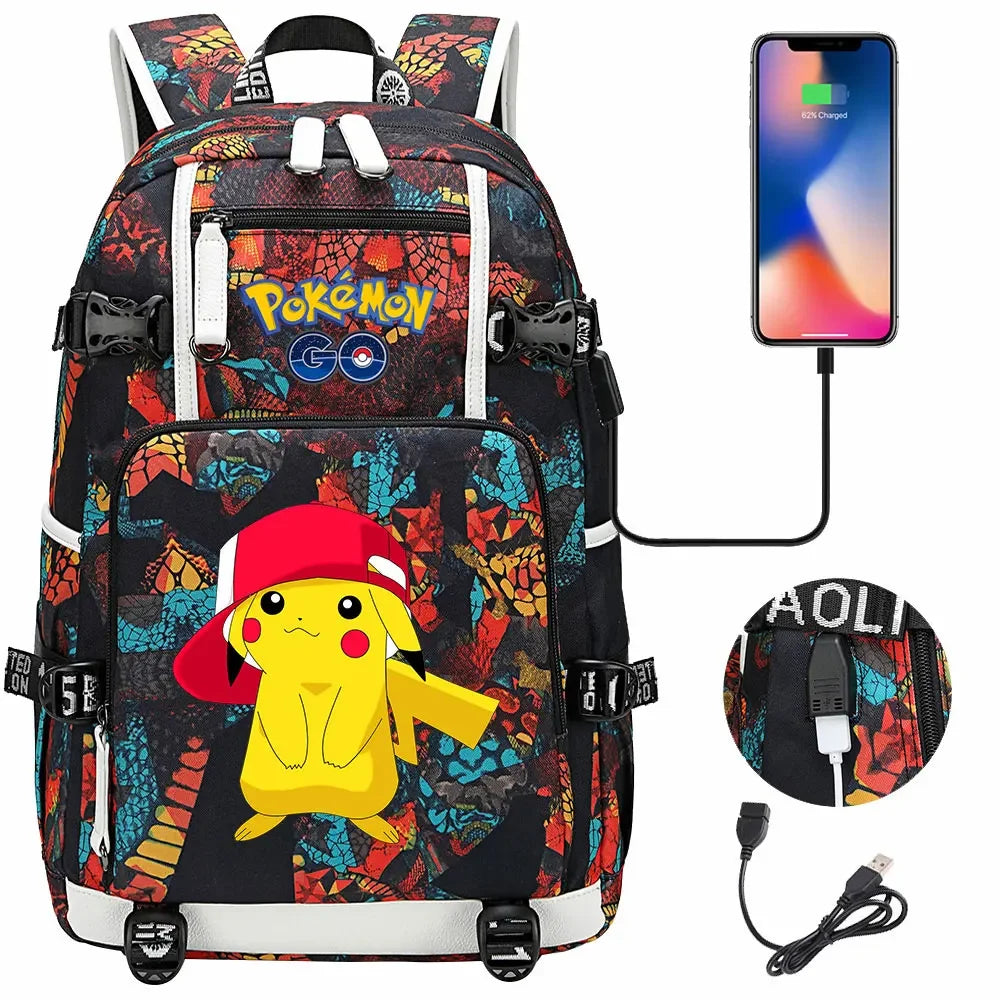 New Pikachu Prints USB Teenagers Schoolbags Women Men Laptop Travel Backpack Girl Boys Kids School Book Bags