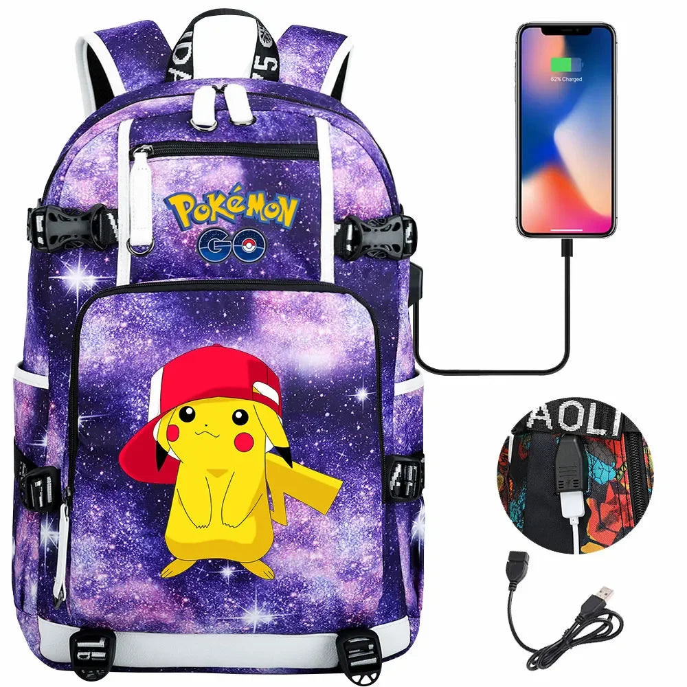 New Pikachu Prints USB Teenagers Schoolbags Women Men Laptop Travel Backpack Girl Boys Kids School Book Bags