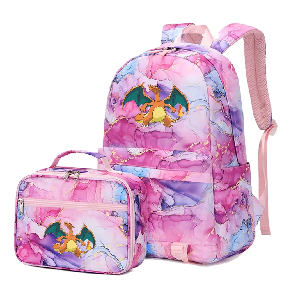 New Pokemon Charizard Psyduck 2Pcs Boys Girls Kids School Book Bags Travel Women Backpack Lunch Bag for Student Teenagers Sets