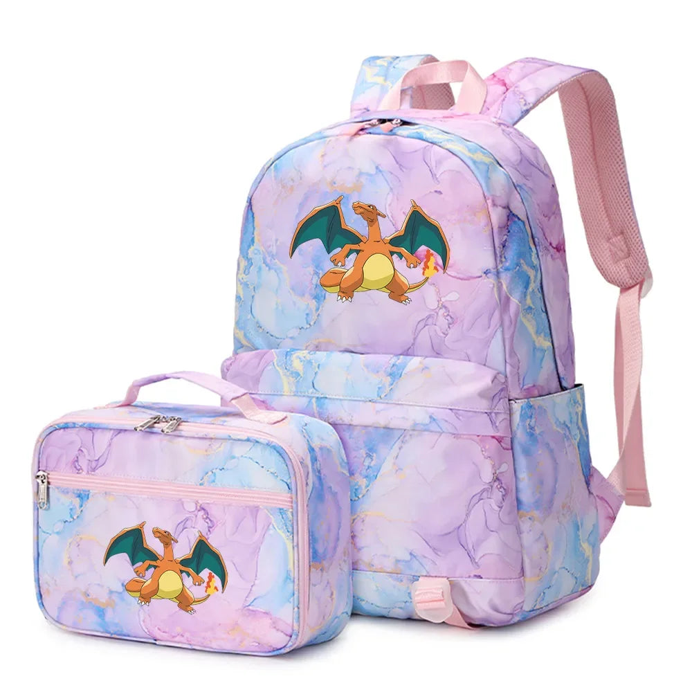 New Pokemon Charizard Psyduck 2Pcs Boys Girls Kids School Book Bags Travel Women Backpack Lunch Bag for Student Teenagers Sets