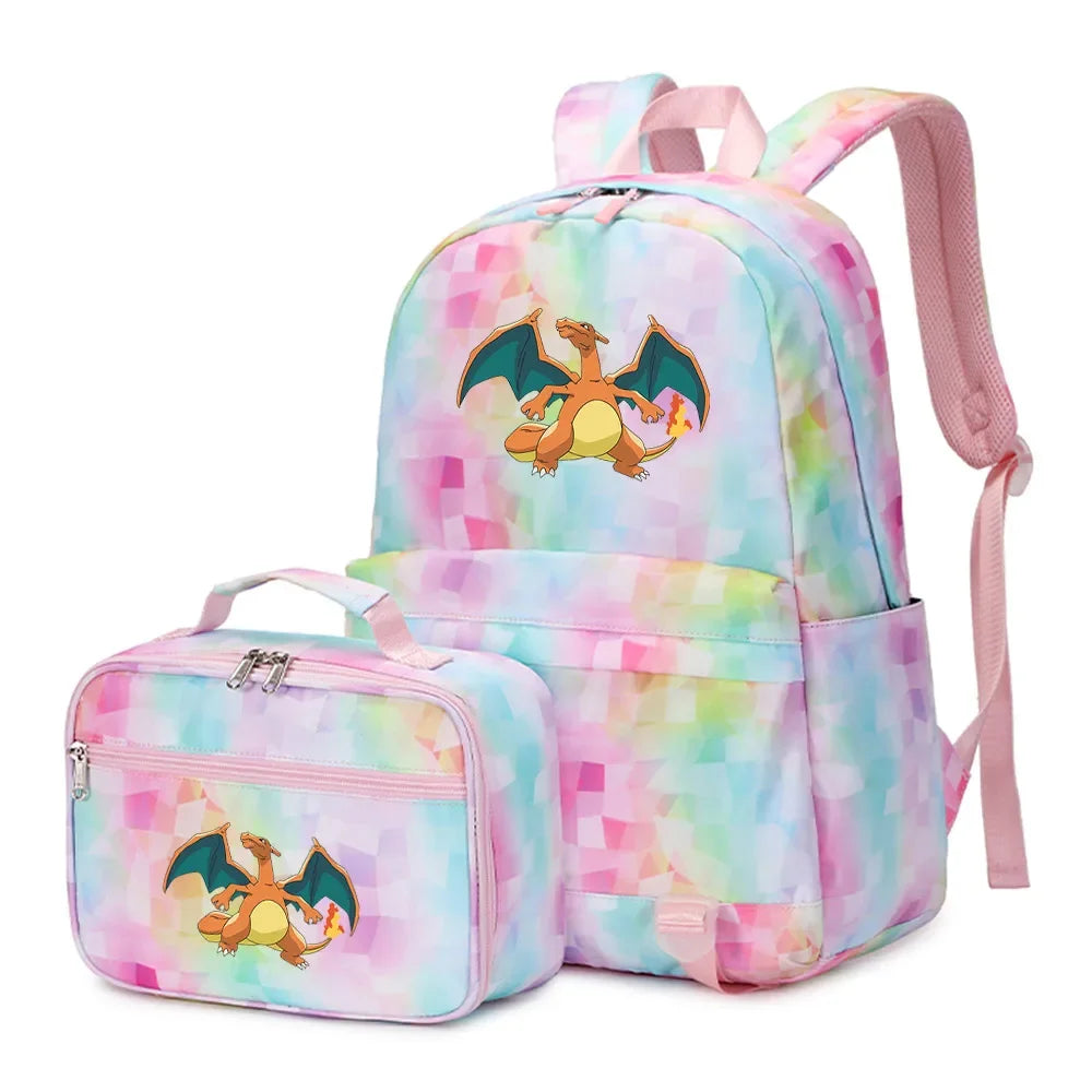 New Pokemon Charizard Psyduck 2Pcs Boys Girls Kids School Book Bags Travel Women Backpack Lunch Bag for Student Teenagers Sets