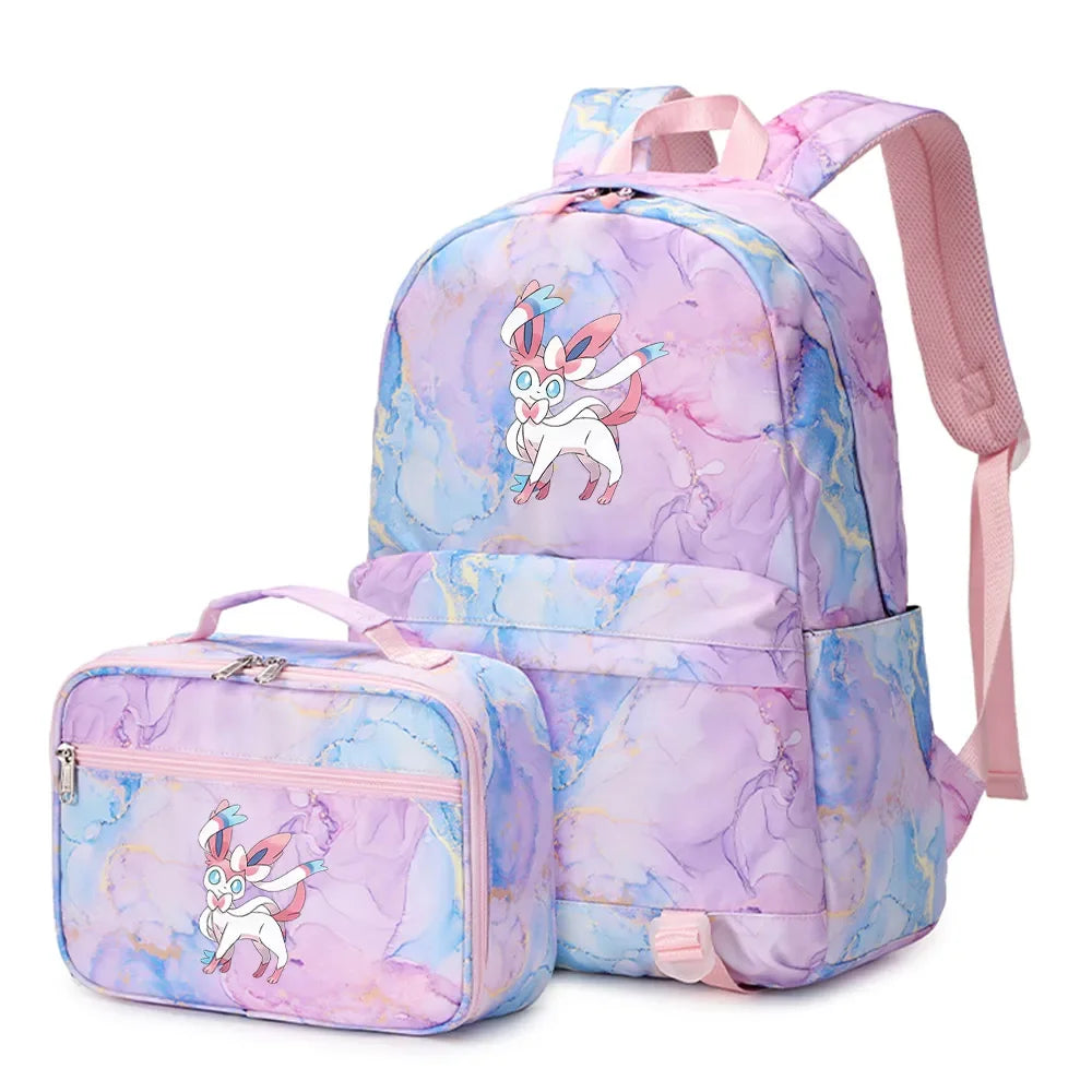 New Pokemon Eevee Sylveon 2Pcs Boys Girls Kids School Book Bags Travel Women Backpack Lunch Bag for Student Teenagers Sets