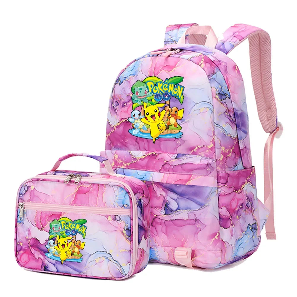 New Pokemon Pikachu 2Pcs Boys Girls Kids School Book Bags Travel Women Backpack Lunch Bag for Student Teenagers Sets