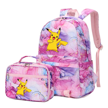 New Pokemon Pikachu 2Pcs Boys Girls Kids School Book Bags Travel Women Backpack Lunch Bag for Student Teenagers Sets