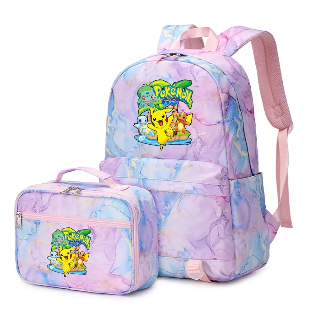 New Pokemon Pikachu 2Pcs Boys Girls Kids School Book Bags Travel Women Backpack Lunch Bag for Student Teenagers Sets
