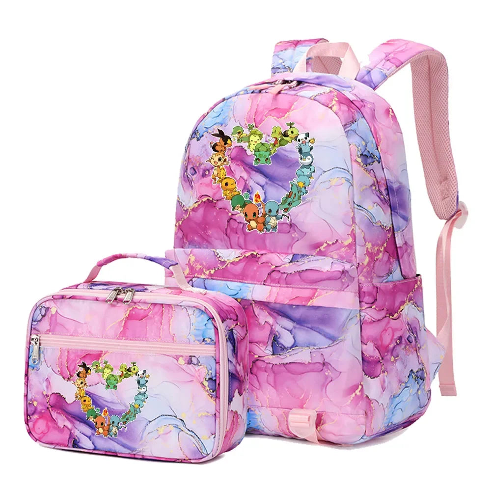New Pokemon Pikachu 2Pcs Boys Girls Kids School Book Bags Travel Women Backpack Lunch Bag for Student Teenagers Sets