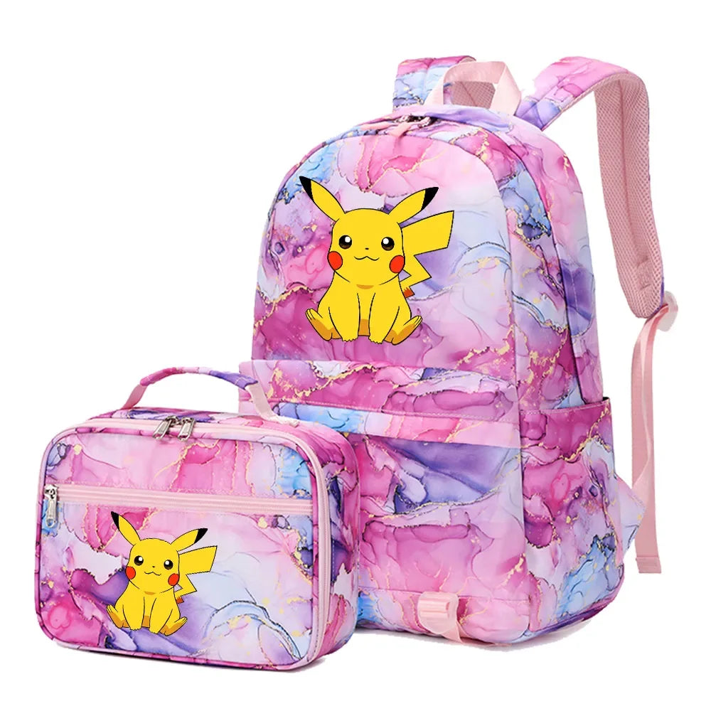 New Pokemon Pikachu 2Pcs Boys Girls Kids School Book Bags Travel Women Backpack Lunch Bag for Student Teenagers Sets