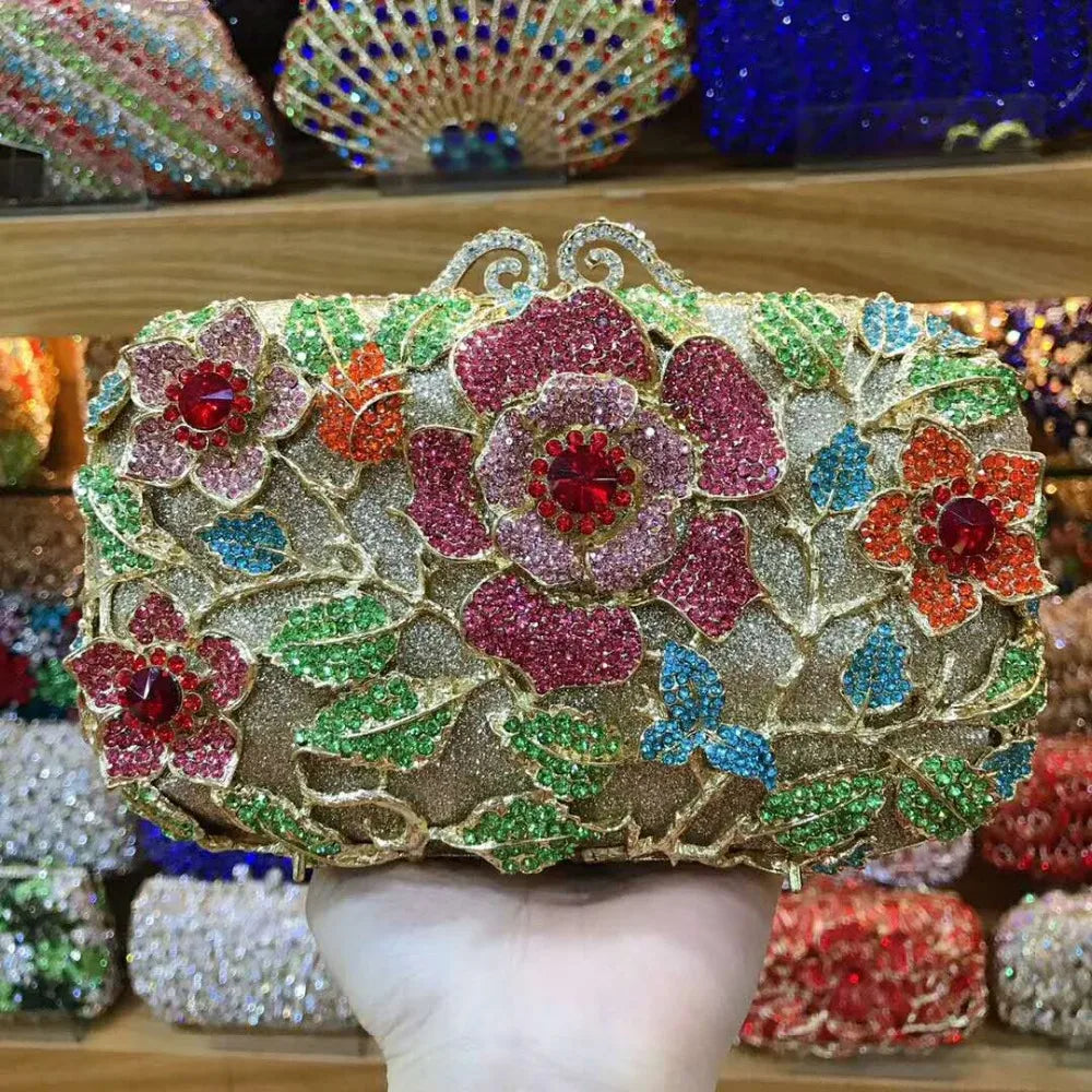 New Red/Blue Color Metal Women Evening Clutch Bag White Rhinestone Lady Party Handbags Female Dinner Bags Banquet Clutches Purse