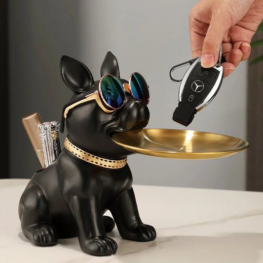 New Resin Dog Sculpture with Tray Pen Holder Bulldog Statue Ornaments for Home Decor Living Room Office Table Decoration Gifts