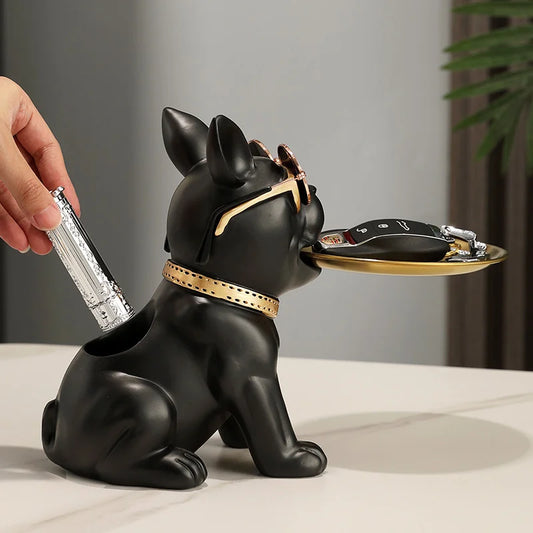 New Resin Dog Sculpture with Tray Pen Holder Bulldog Statue Ornaments for Home Decor Living Room Office Table Decoration Gifts
