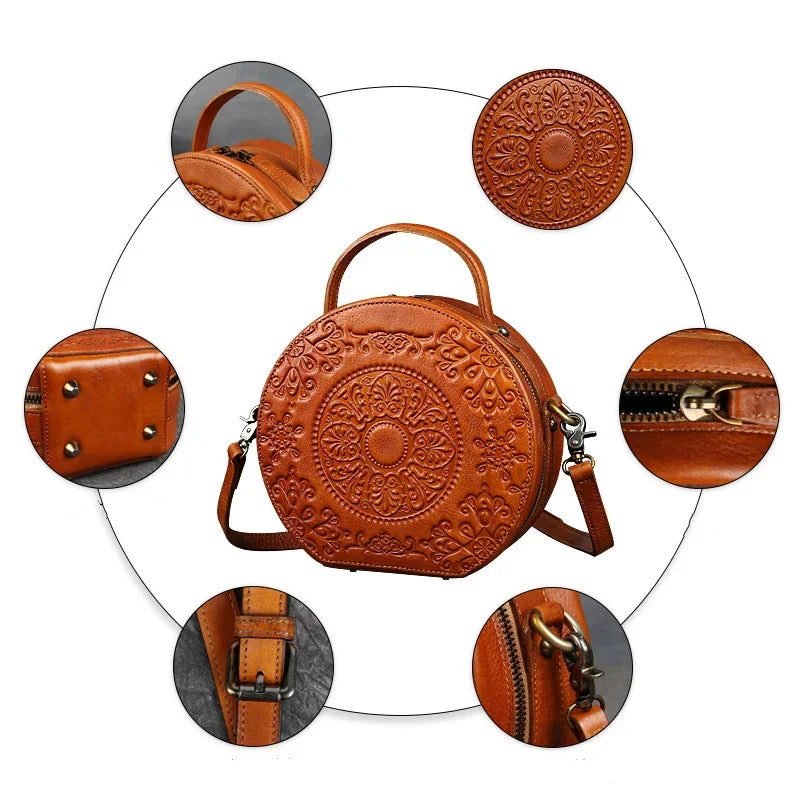 New Retro Circular Women Luxury Handbag Genuine Leather Shoulder Ladies Crossbody s For Woman Totem Small Messenger Bag